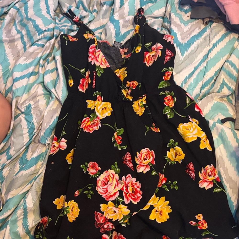 Rue21 Black Mini Dress with Yellow and Pink Floral Pattern